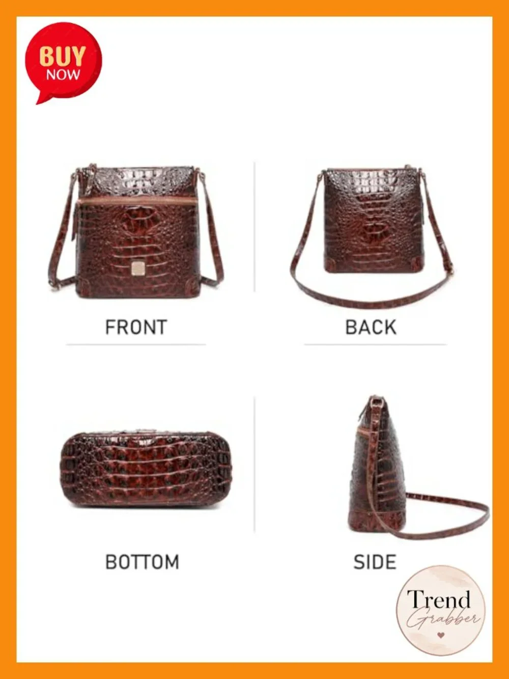 Women Crocodile Shoulder Flat Square Handbag Vegan Leather Crossbody Purse